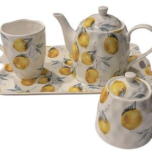 Four Piece Lemon patten Coffee/Tea pot with lid, sugar holder, creamer & platter